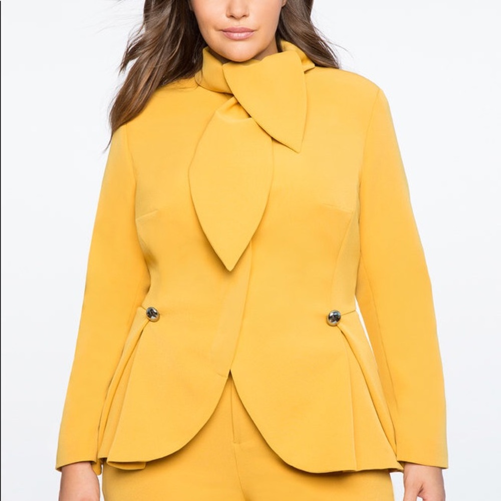 Yellow Eloquii Tie Neck Peplum Blazer